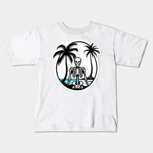 skeleton, beach, surf, palm tree and waves. Kids T-Shirt